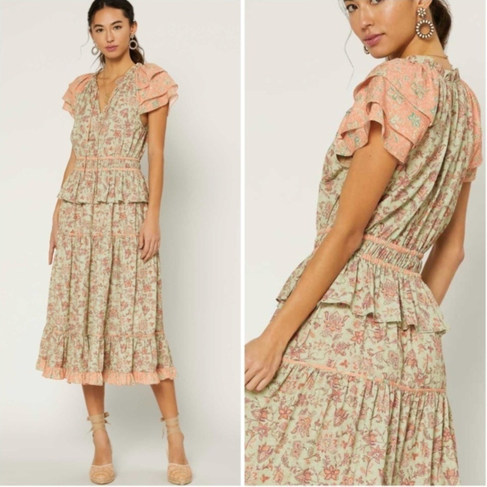 Current Air Anthropologie Floral Tiered Cottage Maxi Dress Green Peach Medium